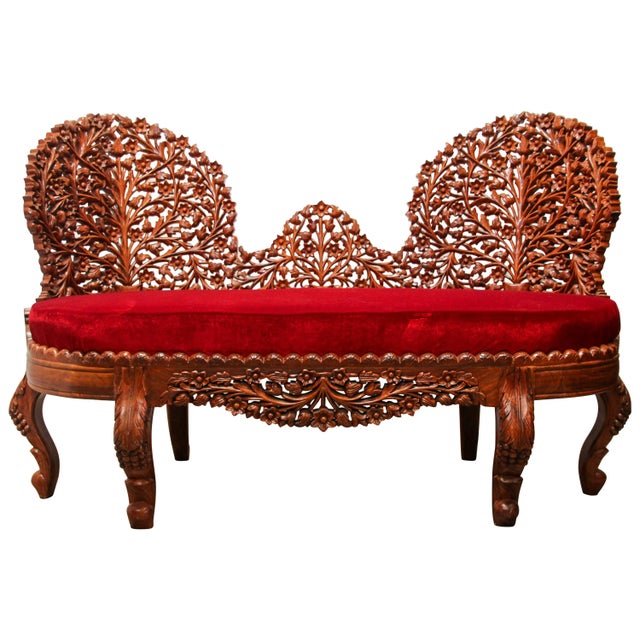 Anglo-Raj Settee With Open Back Hand Carved Tree of Life Back For Sale - Image 13 of 13
