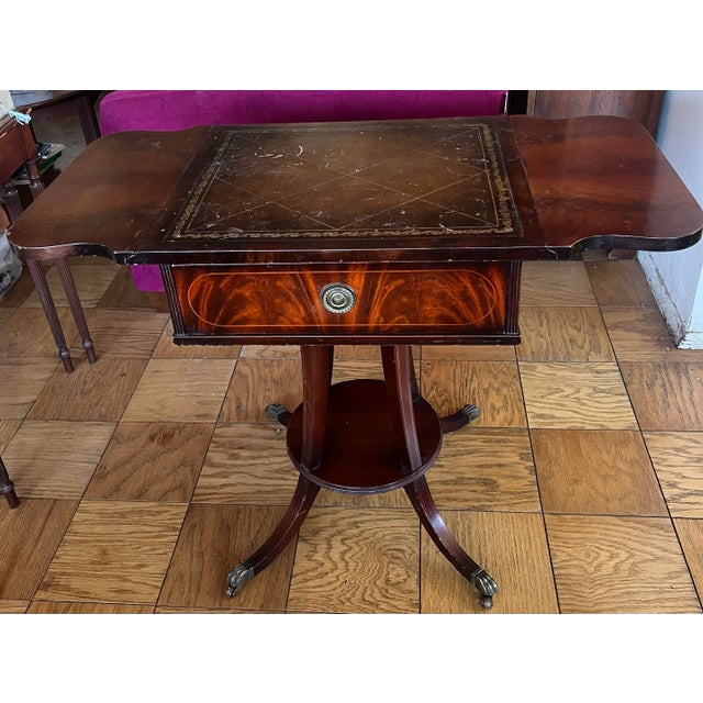 Traditional Vintage Table Regency Victorian Mahogany/Walnut Drop Leaf W/ Drawer Brass Feet Wheels For Sale - Image 3 of 5