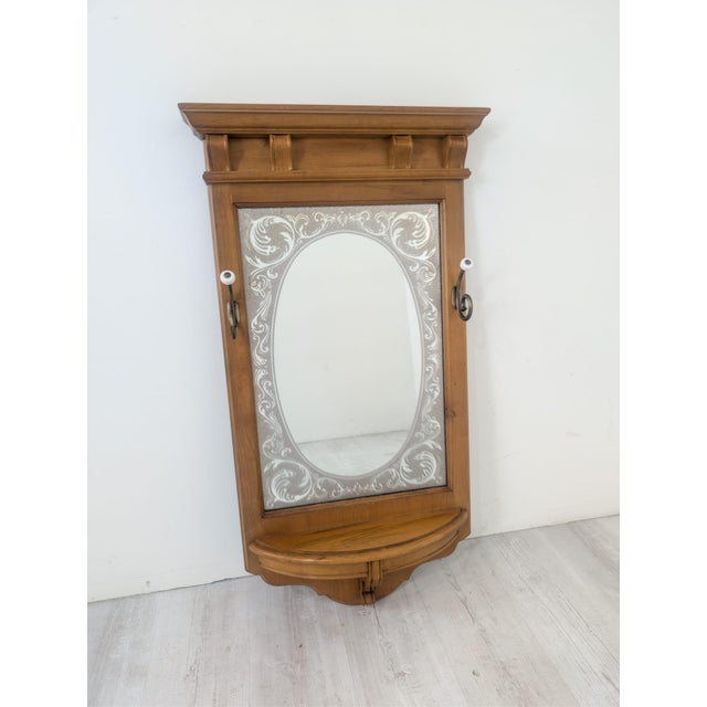 Antique Mirror with Hangers and Shelf – Wooden, Brass Hooks, Vintage Art Nouveau This unique antique wall mirror with coat...