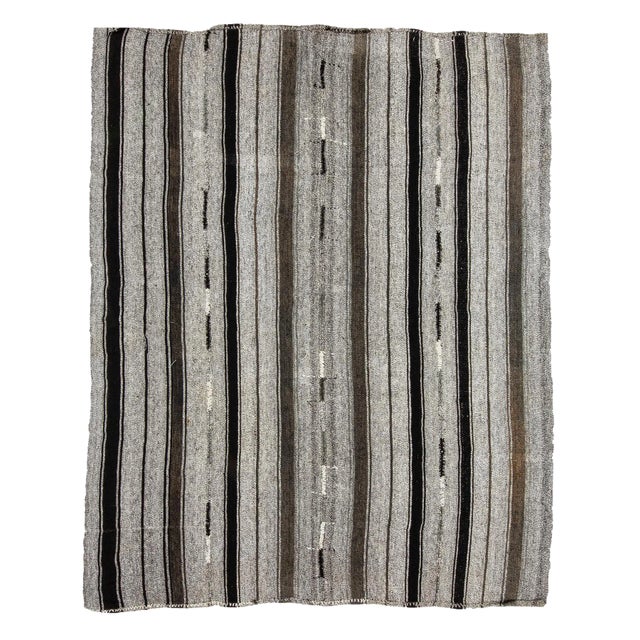 1960s Vintage Striped Gray Kilim Rug- 7′2″ × 9′ For Sale