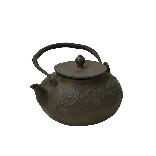 Embody the timeless essence of wabi-sabi with this exceptional antique Japanese Asian style cast iron tetsubin (tea...