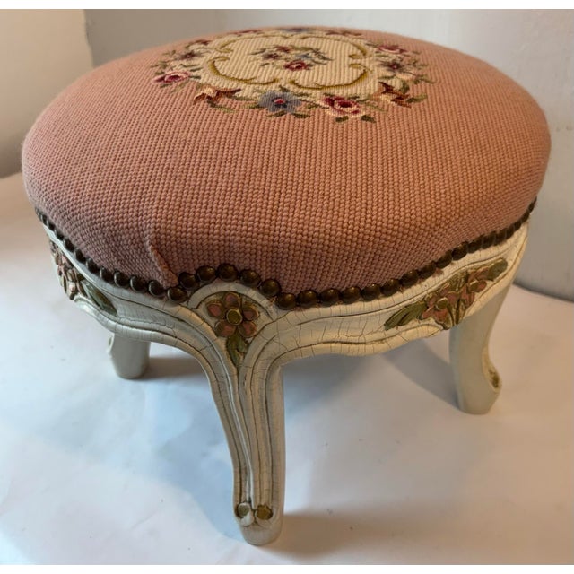 Vintage French Provincial Pink Needlepoint Footstool For Sale In Dallas - Image 6 of 11
