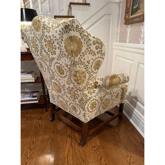 Vintage Custom Upholstered Wing Back Chair With Mahogany Base For Sale In New York - Image 6 of 17