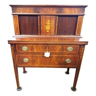 Mid 20th Century Beautiful Inlaid Mahogany and Flame Mahogany Tambour Desk For Sale