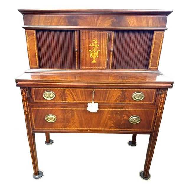 Mid 20th Century Beautiful Inlaid Mahogany and Flame Mahogany Tambour Desk For Sale