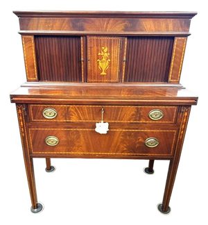 Mid 20th Century Beautiful Inlaid Mahogany and Flame Mahogany Tambour Desk