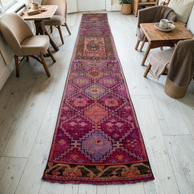 Hand-Knotted Turkish Runner Rug . Low Pile Full Tribal Design Narrow Runner Rug 2′2″ × 13′4″ For Sale - Image 4 of 16
