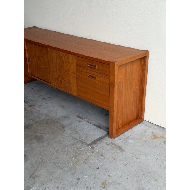 Mid-Century Modern Danish Teak Low Credenza - Mid 20th Century Modern Sideboard With Drawers and Sliding Doors For Sale - Image 3 of 10