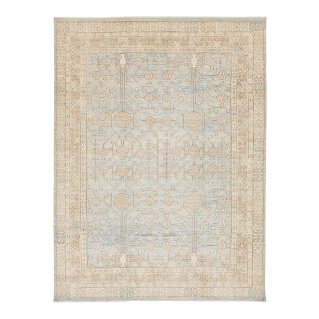 Modern Khotan Style Pomegranate Tree Rug – Sky Blue & Ivory Hand-Knotted Wool For Sale
