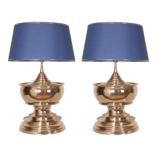Vintage Chrome Table Lamps Tall Silver and Royal Blue Modern Vase Lamps Set of 2 For Sale