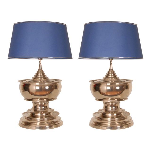 Vintage Chrome Table Lamps Tall Silver and Royal Blue Modern Vase Lamps Set of 2 For Sale