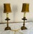 Pair early 20th Century brass candlestick lamps with custom silk shades. Perfect small size for bookshelf or small spot. I...