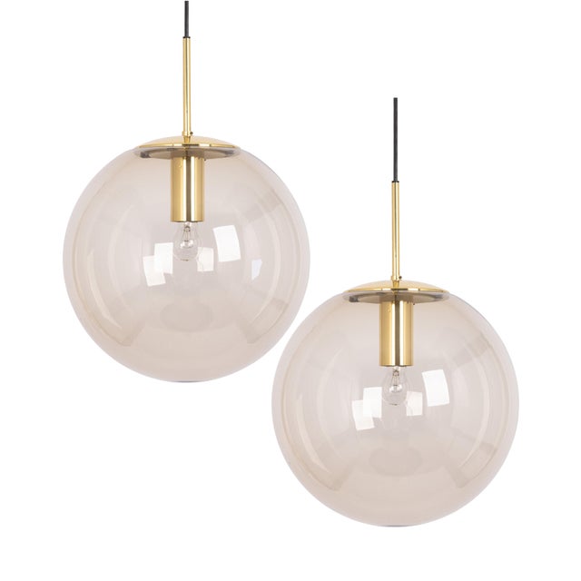 Large Vintage Brass with Smoked Glass Ball Pendant from Limburg, Germany, 1970s For Sale