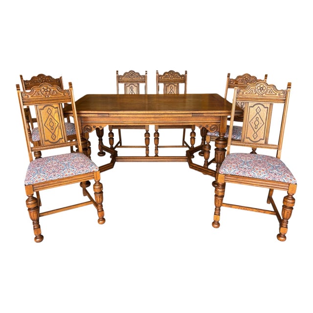 1930 Solid Oak Draw Leaf Table With Matching Original Chairs For Sale - Image 9 of 12