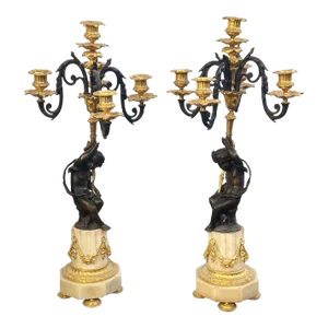Pair of French 19th Century Putti Candelabras on Marble Base