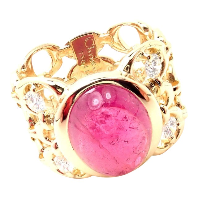 Christian Dior 18k Yellow Gold Diamond Large Pink Tourmaline Band Ring, size 8.75 For Sale