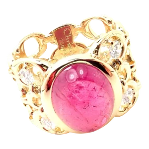 Christian Dior 18k Yellow Gold Diamond Large Pink Tourmaline Band Ring, size 8.75