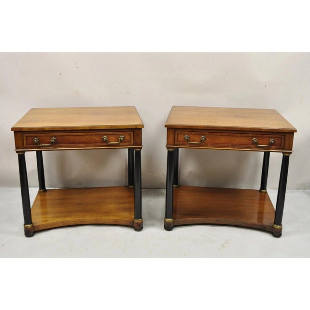 Vintage French Empire Style Cherry Wood Black Column One Drawer Lamp End Tables by Heritage - a Pair. Tables feature one...