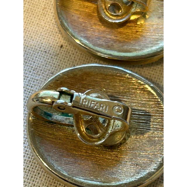 1980s 1980s Crown Trifari Vintage Brushed Gold and Silver Tone Domed Clip-on Earrings, A Pair For Sale - Image 5 of 6