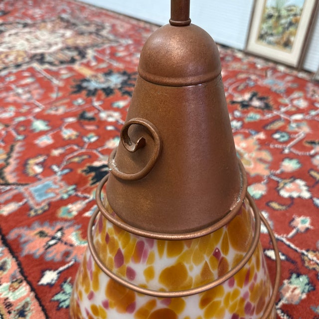 Late 20th Century Art Nouveau Art Glass + Copper Pendant Light For Sale - Image 5 of 12
