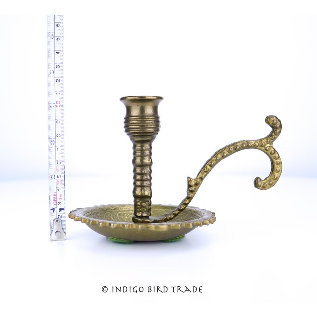 Antique Solid Brass Middle East Arabian Candlestick With Handle For Sale In Greenville, SC - Image 6 of 7