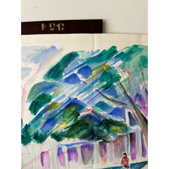 Abstract Watercolor Painting of Tree Outside Building For Sale - Image 4 of 9