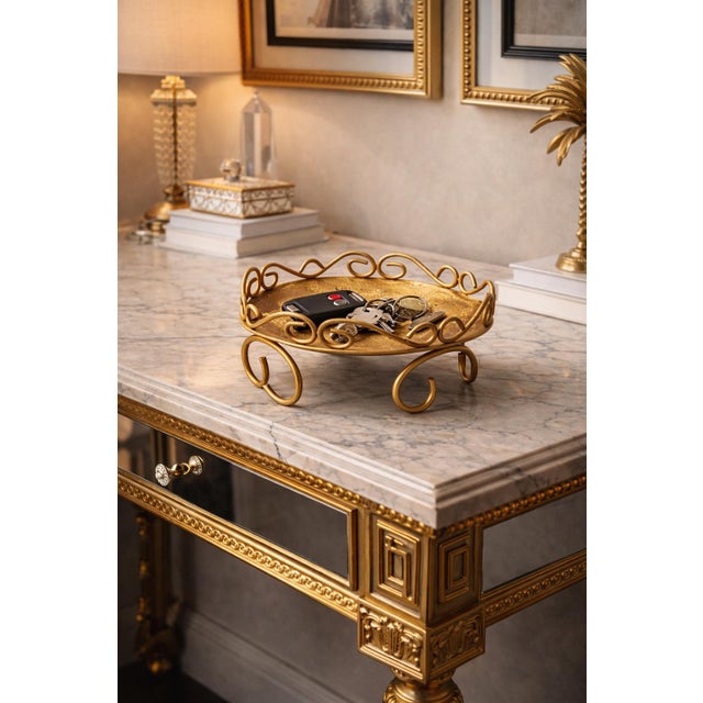 Mid 20th Century Vintage Hollywood Regency Gold Metal Scroll Catchall Tray / Candle Stand For Sale - Image 5 of 5