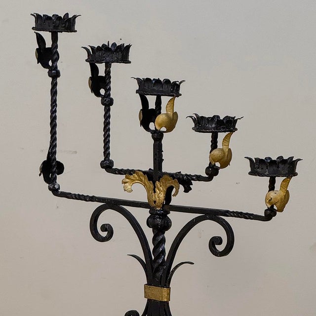 Spanish Revival Hand Forged Iron and Brass Torchère ~ Floor Candelabra For Sale - Image 11 of 18
