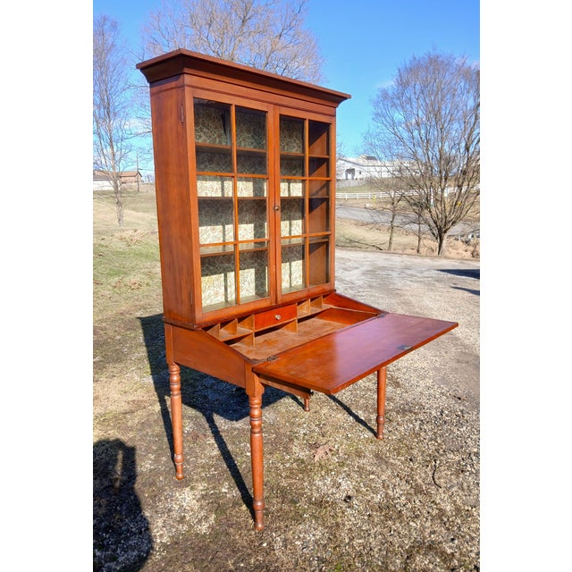 Antique 2 Piece Cherry Sheraton Plantation Desk W 12 Pane Top Org Seeded Glass For Sale - Image 16 of 18