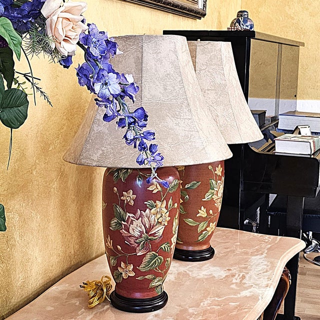 Vintage Burgundy Floral Chinoiserie Ceramic Ginger Jar Table Lamps With Shades - Pair For Sale - Image 11 of 18