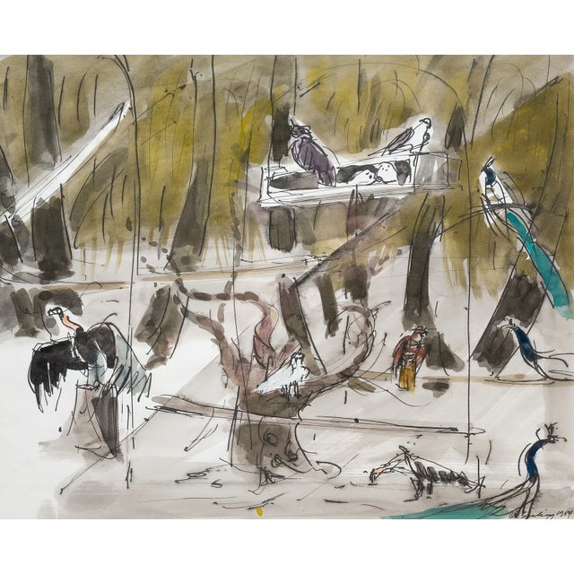 Joseph B. O’Sickey “Birds of Prey With Peacocks” Ink & Watercolor, 1989 For Sale - Image 4 of 4