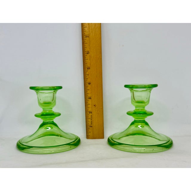 Glass Vintage Green Uranium Glass Candlestick Holders Pair 1930s Depression Glass For Sale - Image 7 of 12