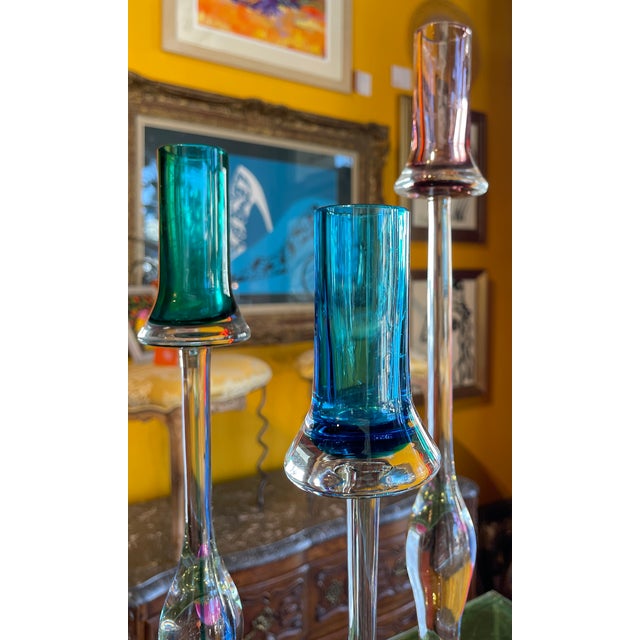 Rare Set of 6 Signed Vintage Gino Cenedese Murano Sommerso Glass Candlesticks For Sale - Image 9 of 15