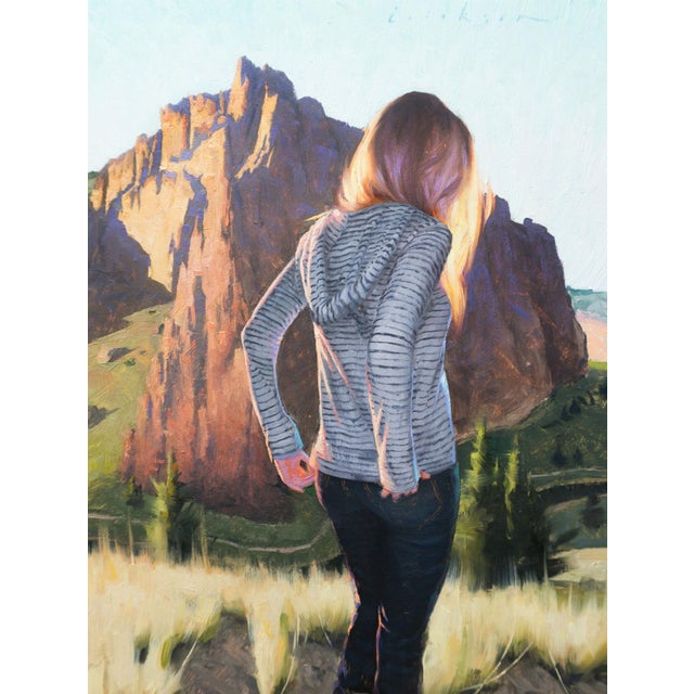 Lambent by Cody Erickson | Oil Painting of a woman standing in front of rocky cliffs For Sale