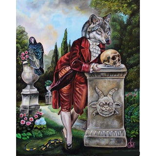 Lust for Life by Claudia Griesbach-Martucci | Oil on board Wolf-headed figure in a garden setting. For Sale
