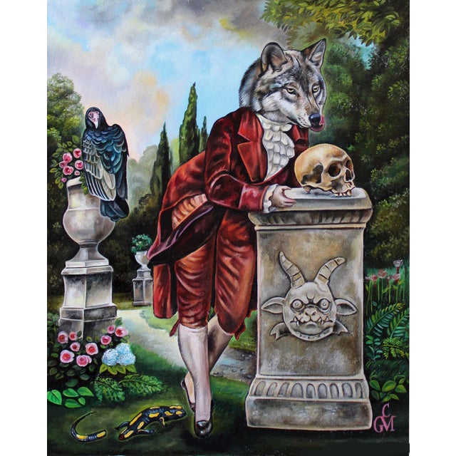 Lust for Life by Claudia Griesbach-Martucci | Oil on board Wolf-headed figure in a garden setting. For Sale