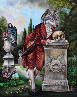 Lust for Life by Claudia Griesbach-Martucci | Oil on board Wolf-headed figure in a garden setting.