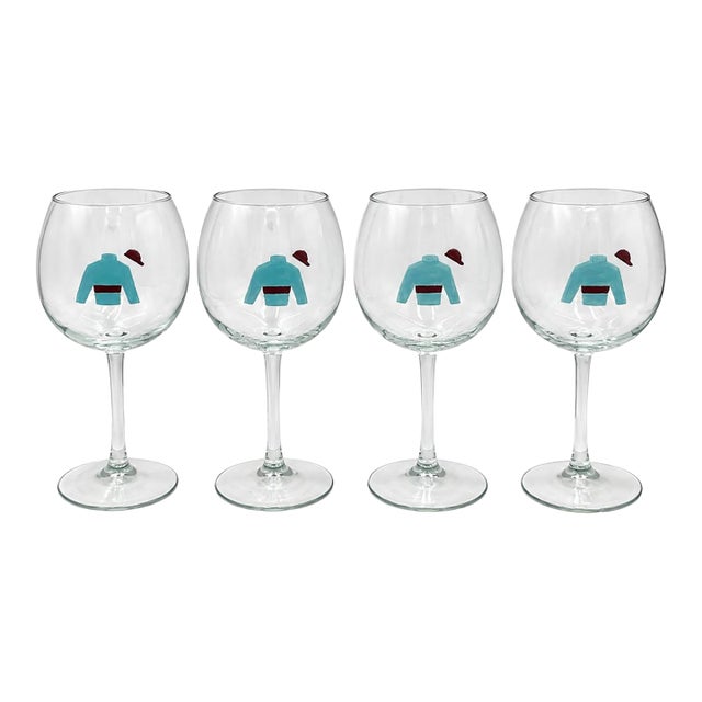Set of 4 Vanderbilt Whitney Estate Jockey Silks Wine Glasses For Sale