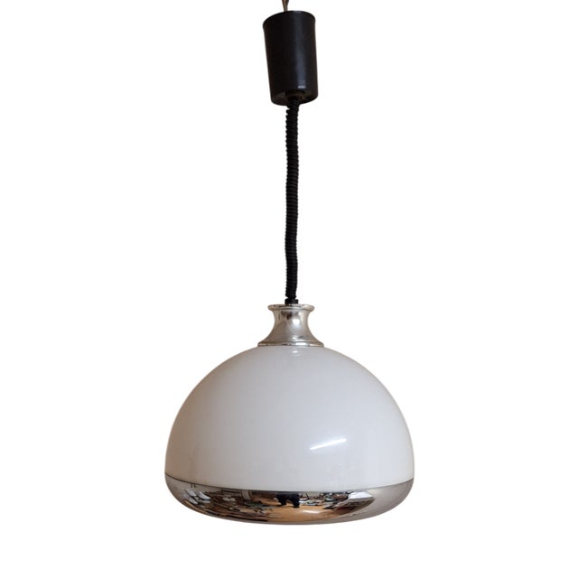 Vintage Height-Adjustable Ceiling Lamp with White Plastic Shade and Chrome-Plated Metal, 1970s For Sale