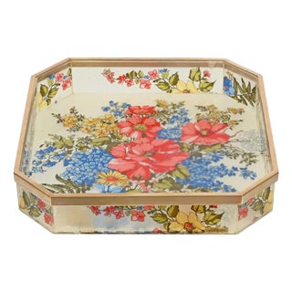 Vintage Octagonal Floral Acrylic and Brass Serving Tray by Alberto Sordi, Italy, 1970s For Sale
