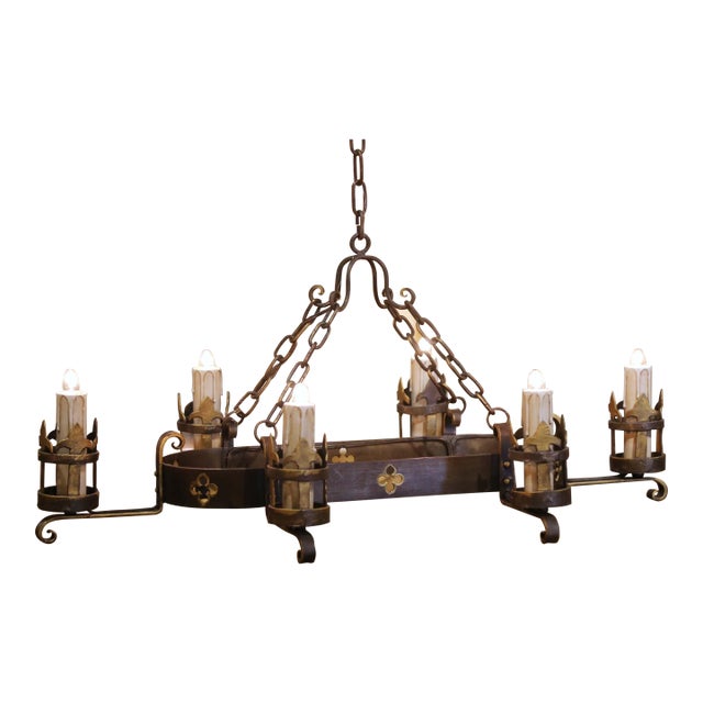 Mid-Century French Gothic Revival Six-Light Iron Chandelier For Sale