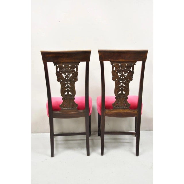 Antique Edwardian Floral Carved Mahogany Red Mohair Dining Chairs - Set of 4 For Sale - Image 9 of 11
