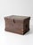 An antique railroad conductor’s box with a richly timeworn presence, featuring dark worn wood, a weathered metal-clad lid,...