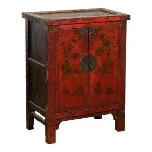 19th Century Qing Dynasty Red Lacquer Painted Flower & Vase Cabinet