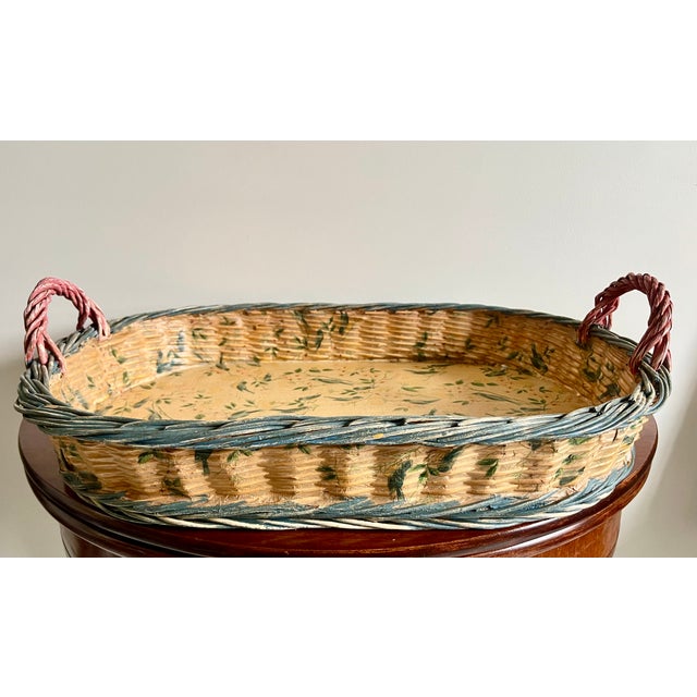 Mid 20th Century Hand Painted Robins and Spring Flowers Large Wicker Basket For Sale - Image 5 of 10