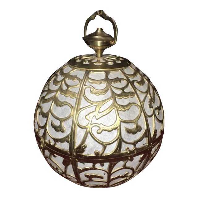 Antique Japanese Brass Globe Pendant Light With Rice Paper Lining For Sale