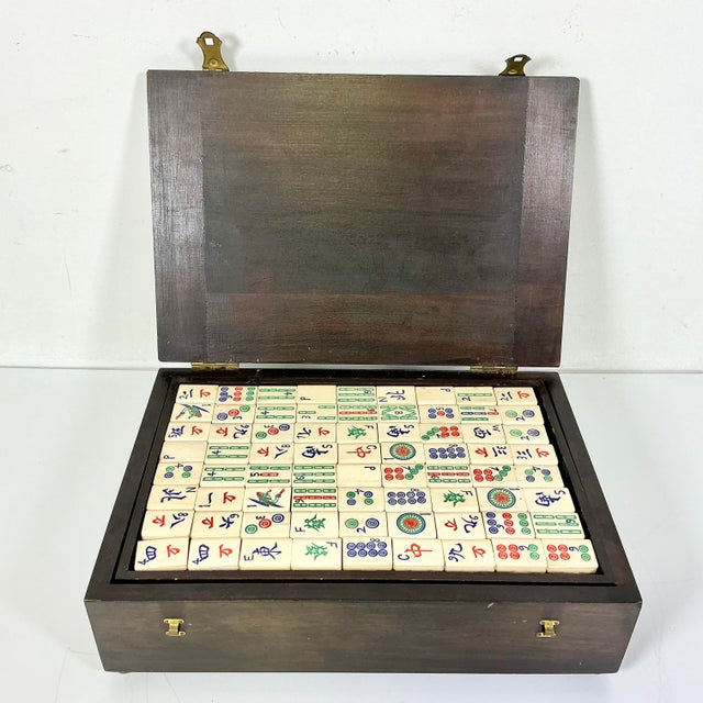 Wood Antique Chinese Boho Chic Chinoiserie Mahjong Game Set, Walnut & Brass Box For Sale - Image 7 of 15
