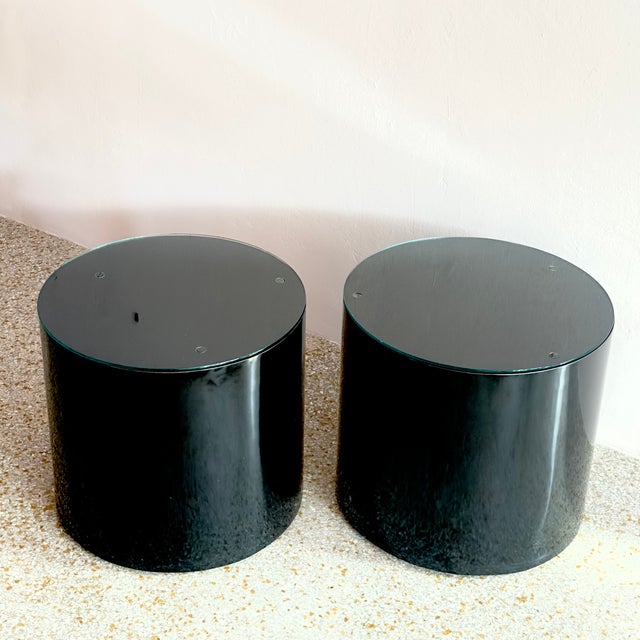 Postmodern Glass-Topped Black Rolling Cylinder Side Tables For Sale In Miami - Image 6 of 10
