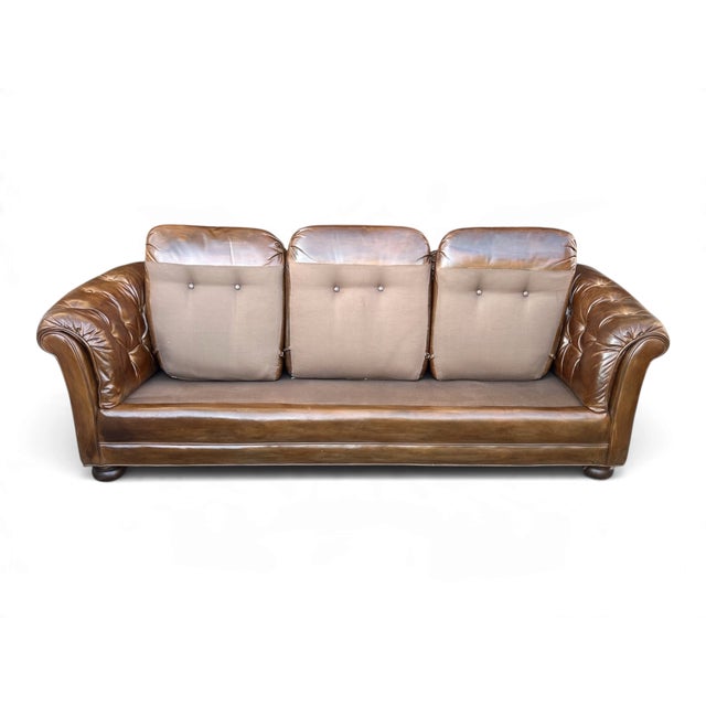 Vintage Chesterfield-Style Cognac Brown Leather Sofa With Button Tufting and Rolled Arms For Sale - Image 12 of 14