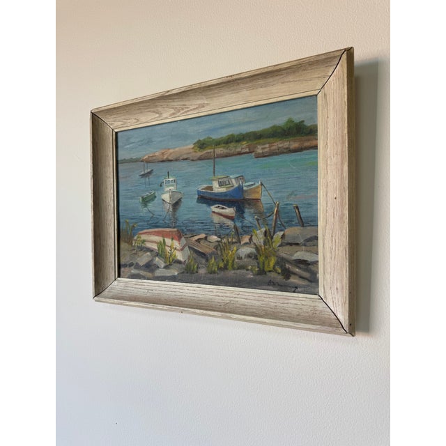 1970’s Vintage Lake Boats Landscape Oil on Board Painting, Signed For Sale - Image 4 of 12